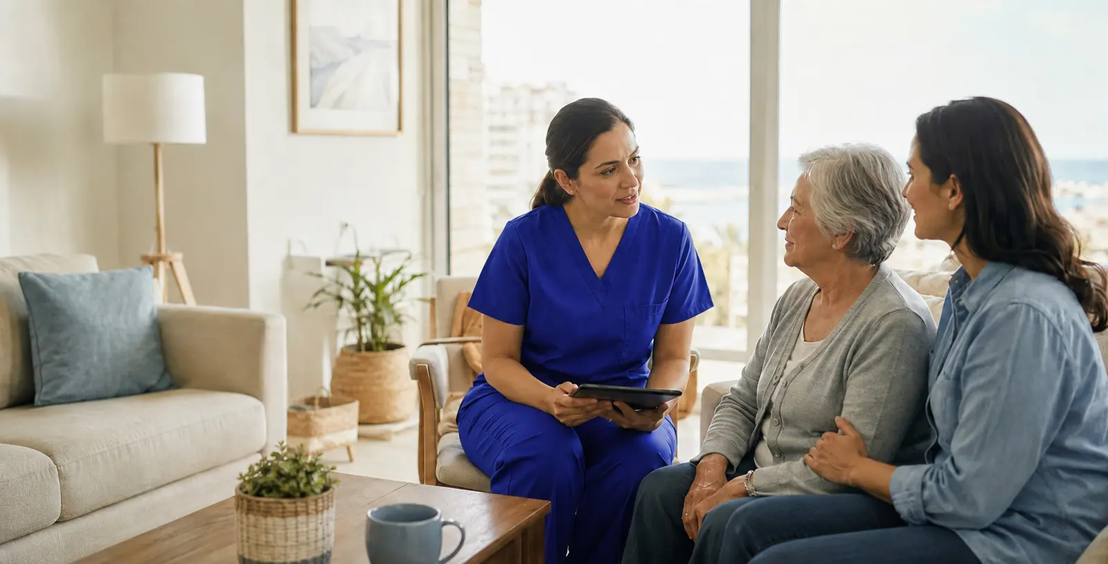 Profesional de enfermería conversando con una adulta mayor y su familiar en el hogar